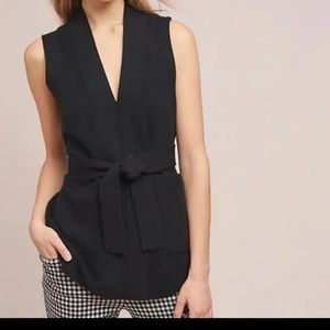Anthropologie Black Deep V Neck Knit Sweater Vest Waist Ties Pockets NWT